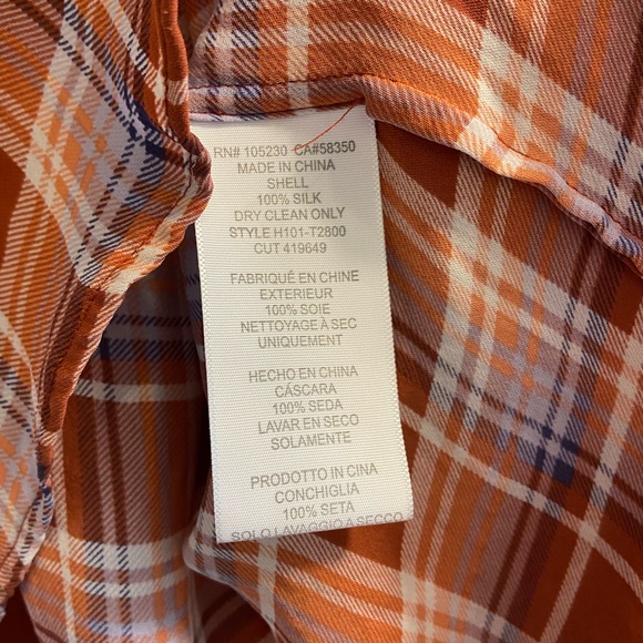 Joie Silk Burnt Orange Plaid V Neck Collarless Blouse Button Cuff Long Sleeve S - Picture 5 of 10